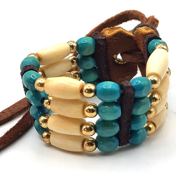 Native American Carved Horn Bovine Brass Wood Leather Bracelet 10in - Picture 2 of 4